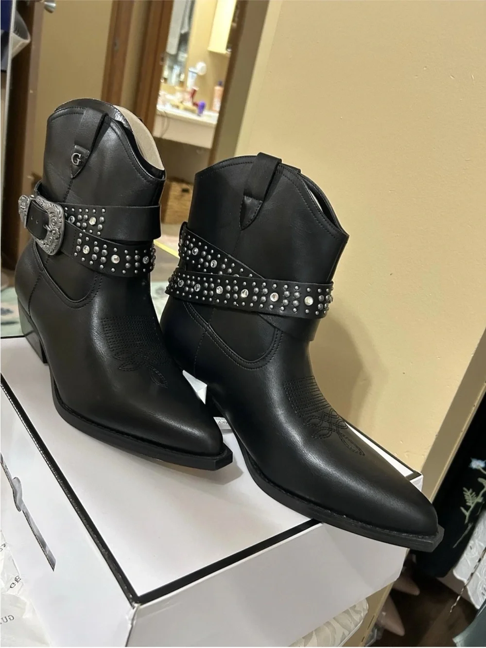 Guess Black Studded Western Ankle Boots with Silver Buckle